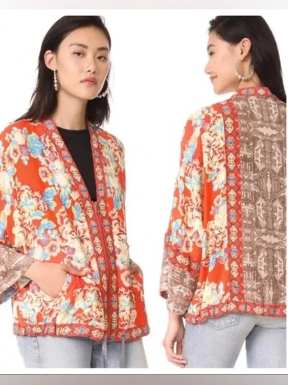 Free People Wildflower Zip Front Kimono Jacket Floral Boho Red Orange Festival